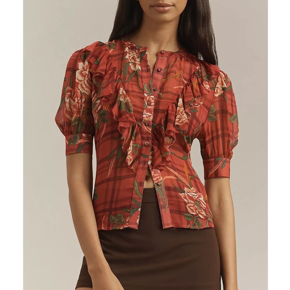 Banjanan Nina Buttondown Blouse Small Red Floral Plaid Ruffle Cottagecore Boho